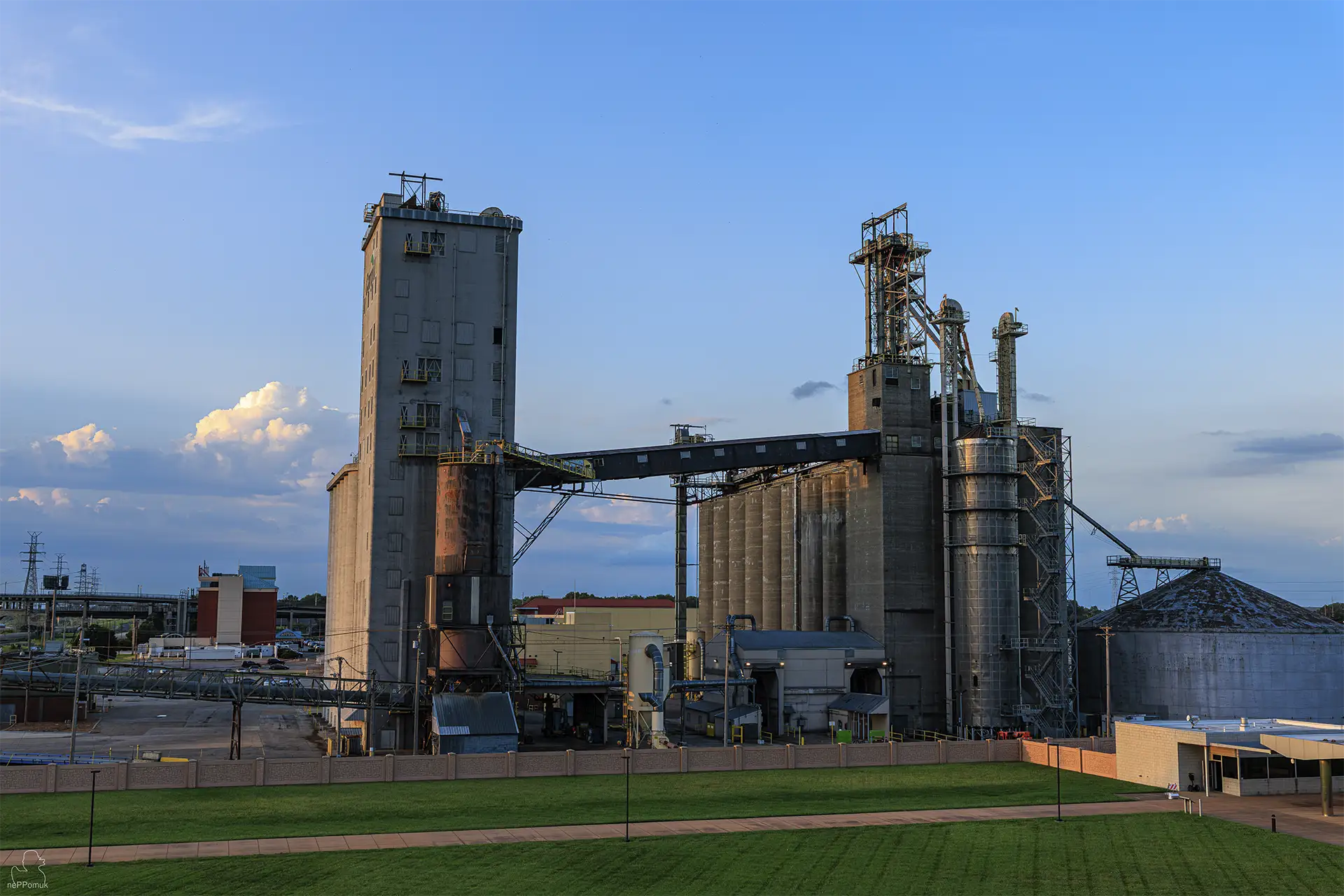 Getreidesilos und Förderanlagen von Cargill in East St. Louis im warmen Abendlicht, mit grüner Parkfläche im Vordergrund.